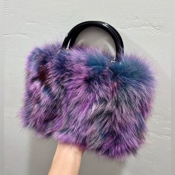 Purple Gradient Handmade Luxury Real Fox Fur Top Handles Satchel Bag/Crossbody - Picture 10 of 16